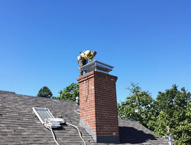 Bethel Chimney Sweep technician measuring a chimney cap in Bethel, CT