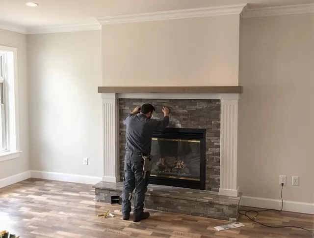 Bethel Chimney Sweep finishing a custom fireplace install in Bethel, CT
